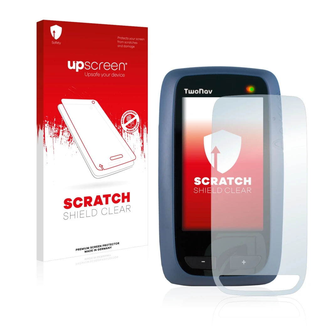 Parte frontale di una confezione del prodotto con il logo del marchio upscreen. Accanto è raffigurato il dispositivo CompeGPS