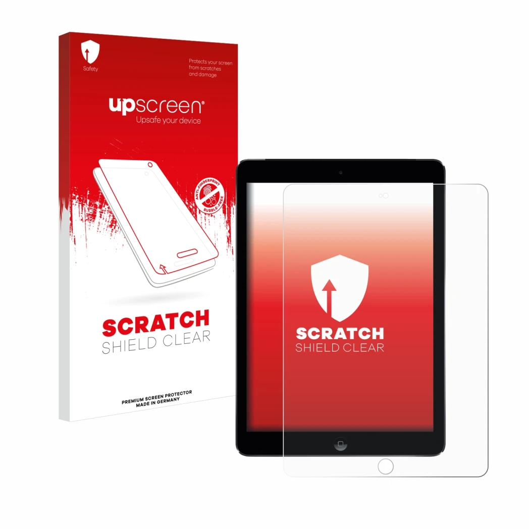 Parte frontale di una confezione del prodotto con il logo del marchio upscreen. Accanto è raffigurato il dispositivo Apple iPa