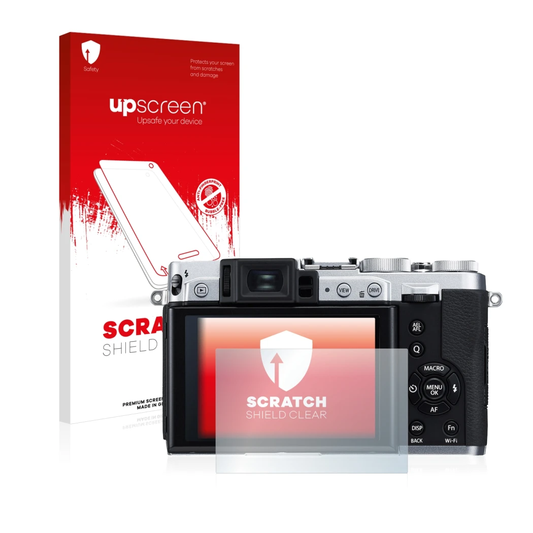 Parte frontale di una confezione del prodotto con il logo del marchio upscreen. Accanto è raffigurato il dispositivo Fujifilm