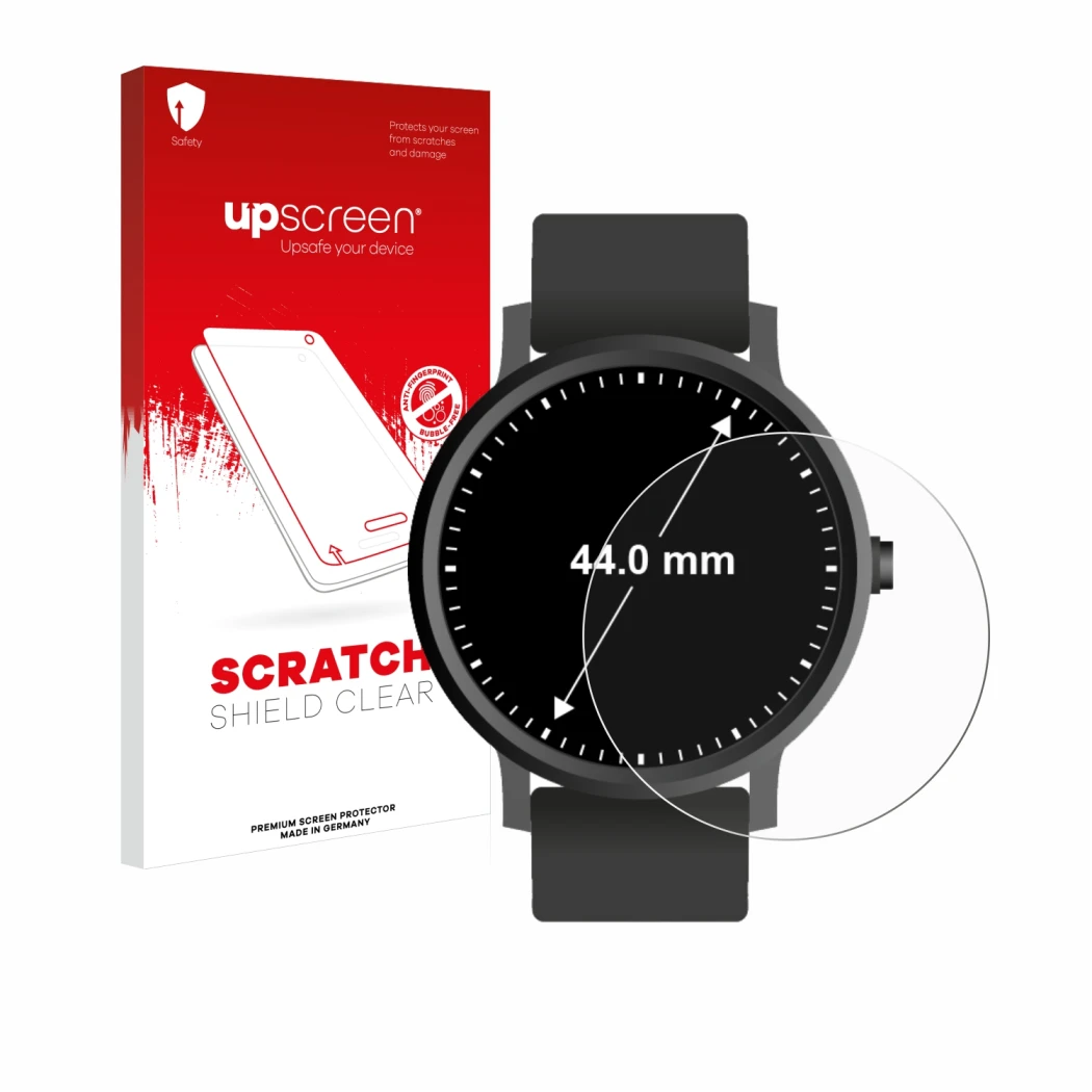 Parte frontale di una confezione del prodotto con il logo del marchio upscreen. Accanto è raffigurato il dispositivo Orologi (