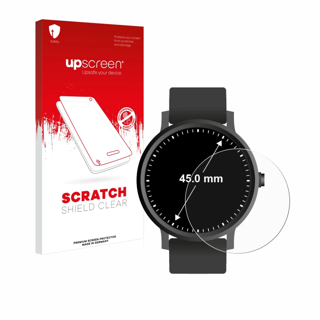 Parte frontale di una confezione del prodotto con il logo del marchio upscreen. Accanto è raffigurato il dispositivo Orologi (