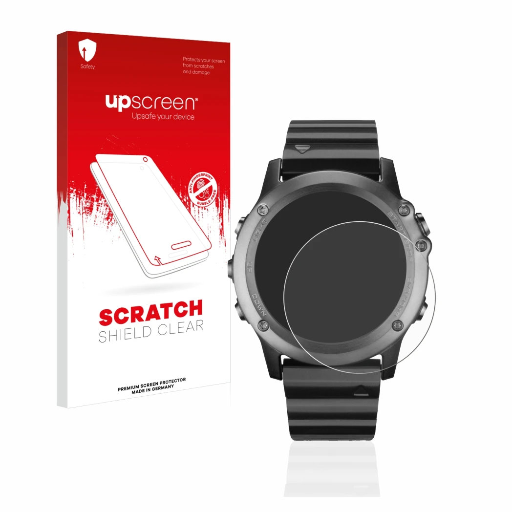 Parte frontale di una confezione del prodotto con il logo del marchio upscreen. Accanto è raffigurato il dispositivo Garmin Fe