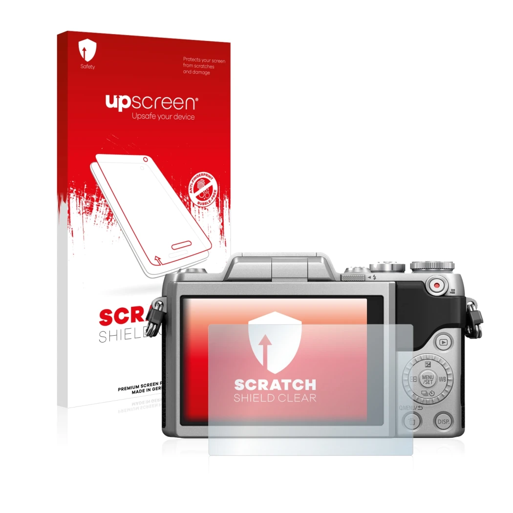 Parte frontale di una confezione del prodotto con il logo del marchio upscreen. Accanto è raffigurato il dispositivo Panasonic