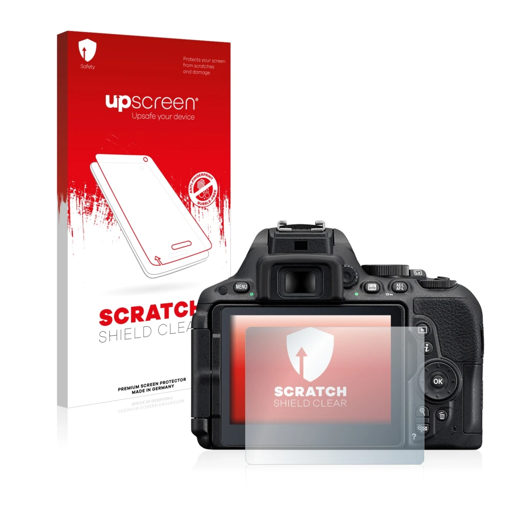 Parte frontale di una confezione del prodotto con il logo del marchio upscreen. Accanto è raffigurato il dispositivo Nikon D55