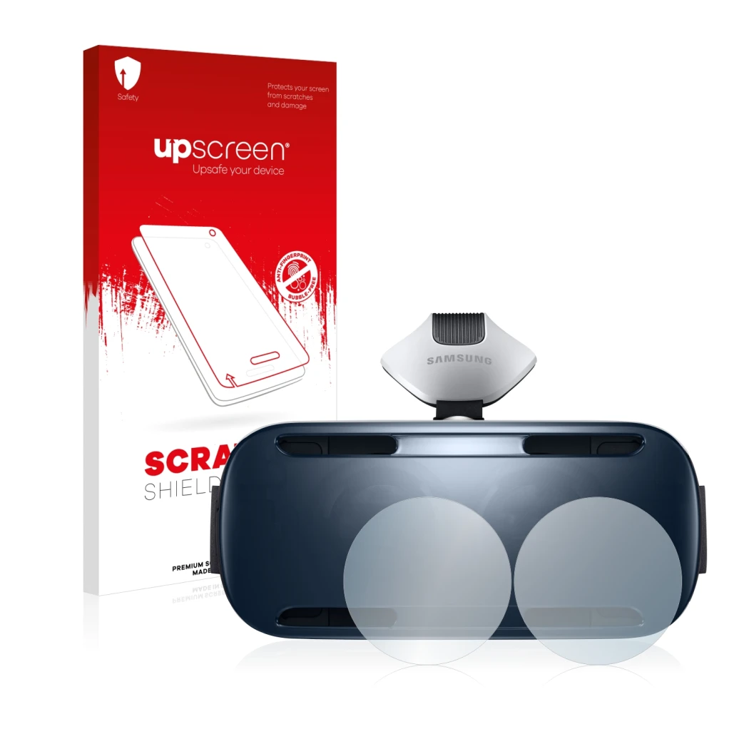 Parte frontale di una confezione del prodotto con il logo del marchio upscreen. Accanto è raffigurato il dispositivo Samsung G