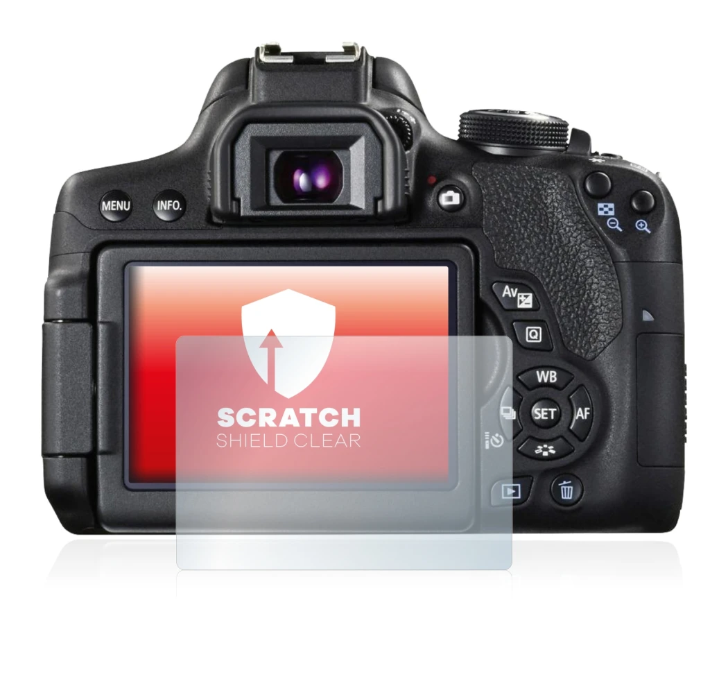 Immagine del dispositivo Canon EOS 750D con un'ampia varietà di protezioni per lo schermo.