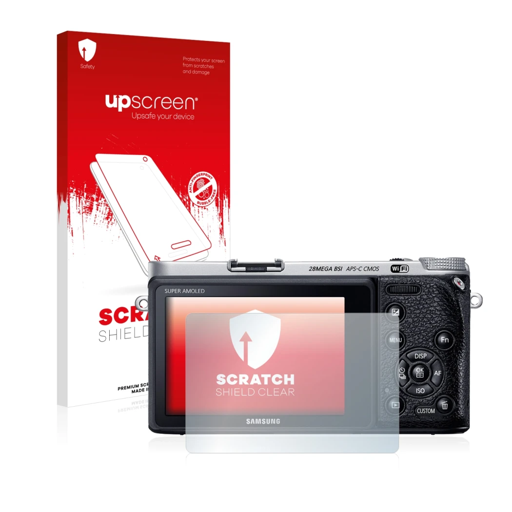 Parte frontale di una confezione del prodotto con il logo del marchio upscreen. Accanto è raffigurato il dispositivo Samsung N