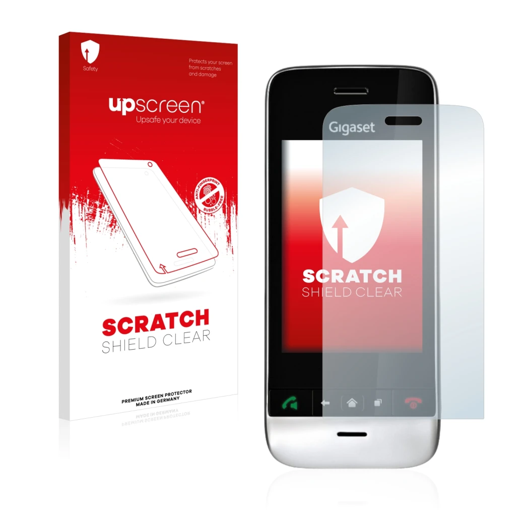 Parte frontale di una confezione del prodotto con il logo del marchio upscreen. Accanto è raffigurato il dispositivo Gigaset S