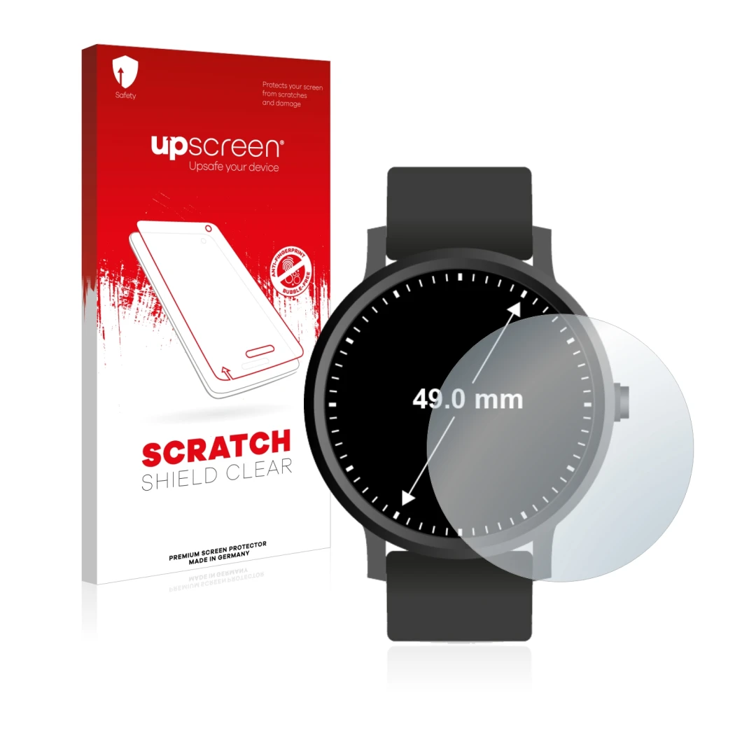 Parte frontale di una confezione del prodotto con il logo del marchio upscreen. Accanto è raffigurato il dispositivo Orologi (