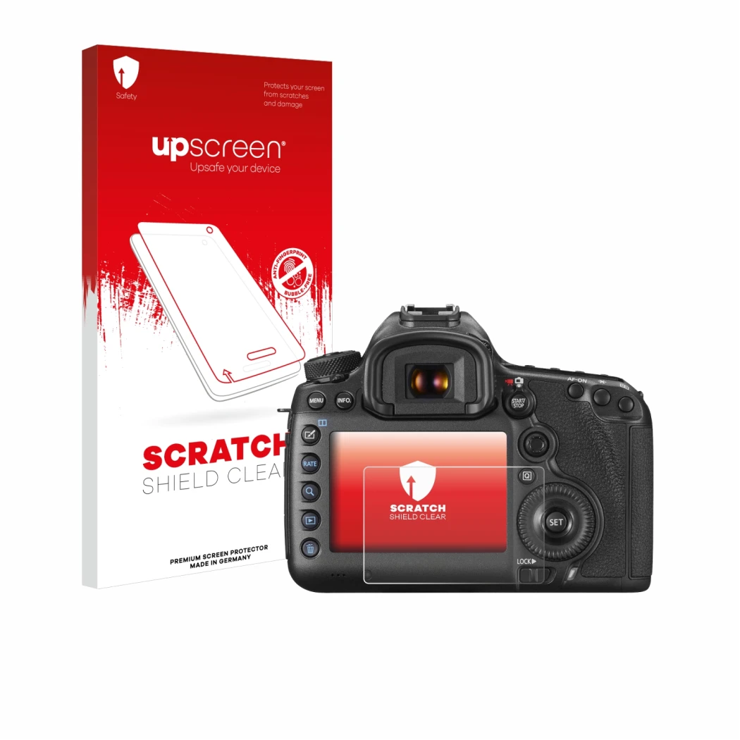Parte frontale di una confezione del prodotto con il logo del marchio upscreen. Accanto è raffigurato il dispositivo Canon EOS