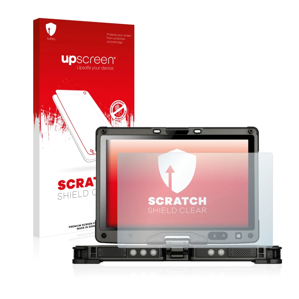Parte frontale di una confezione del prodotto con il logo del marchio upscreen. Accanto è raffigurato il dispositivo Getac V11