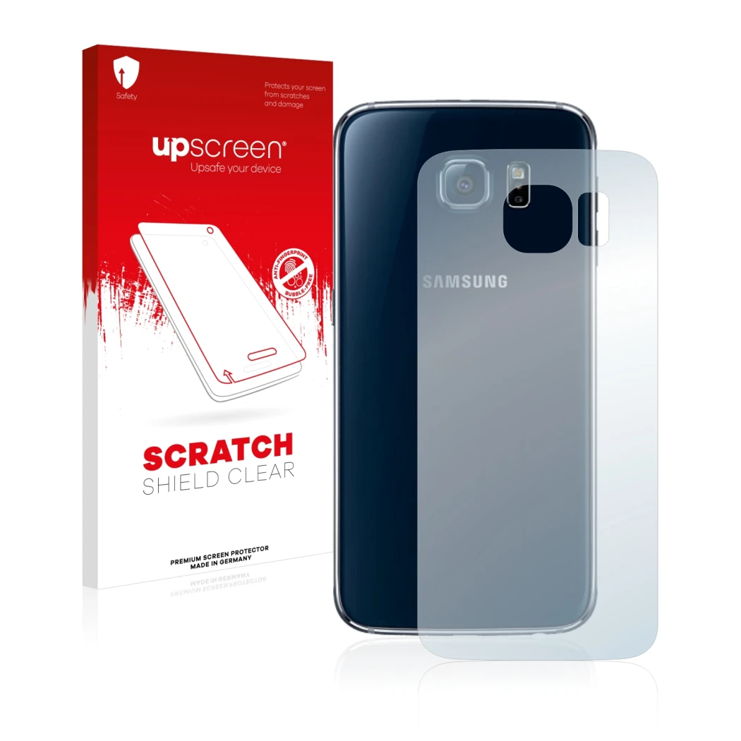 Parte frontale di una confezione del prodotto con il logo del marchio upscreen. Accanto è raffigurato il dispositivo Samsung S