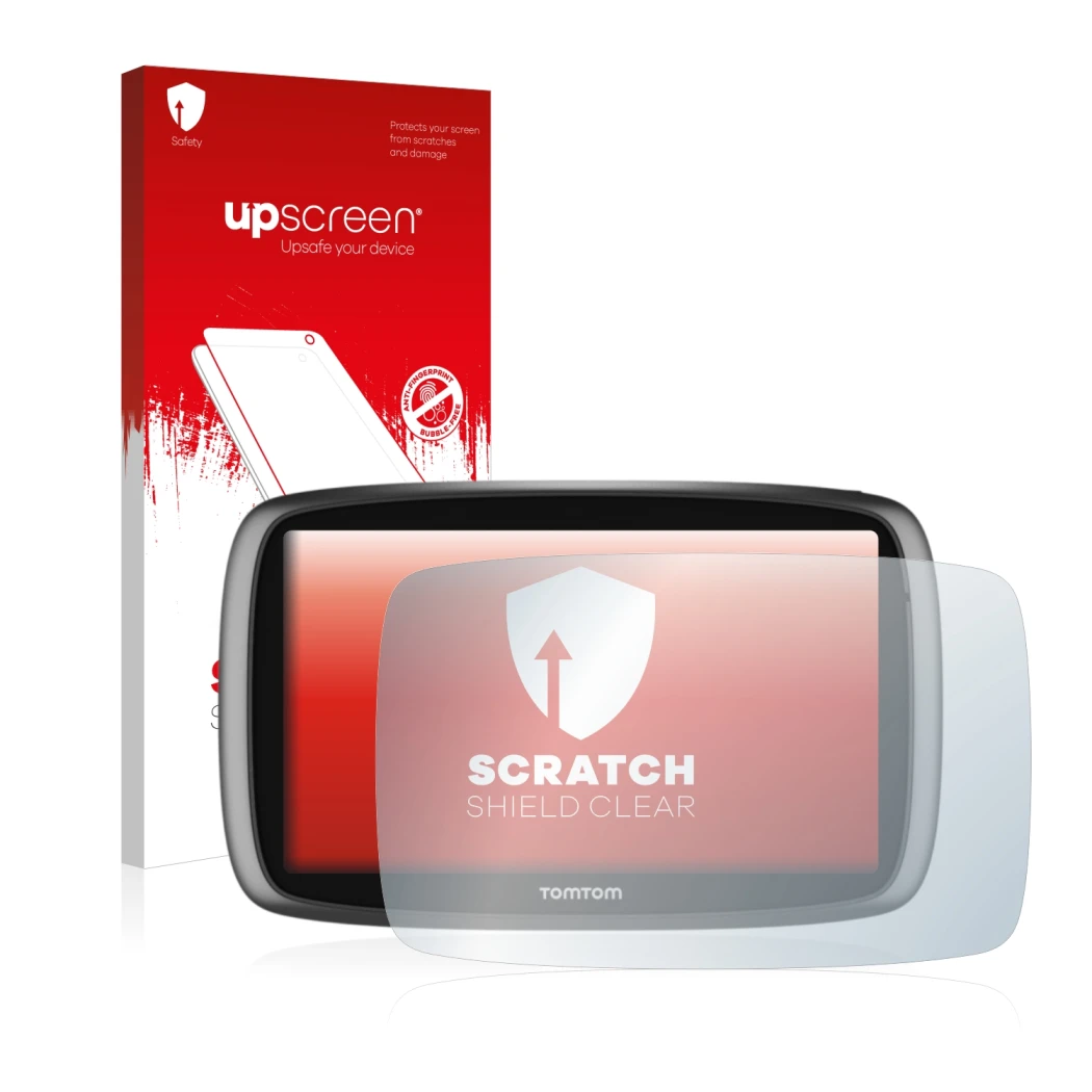 Parte frontale di una confezione del prodotto con il logo del marchio upscreen. Accanto è raffigurato il dispositivo TomTom GO