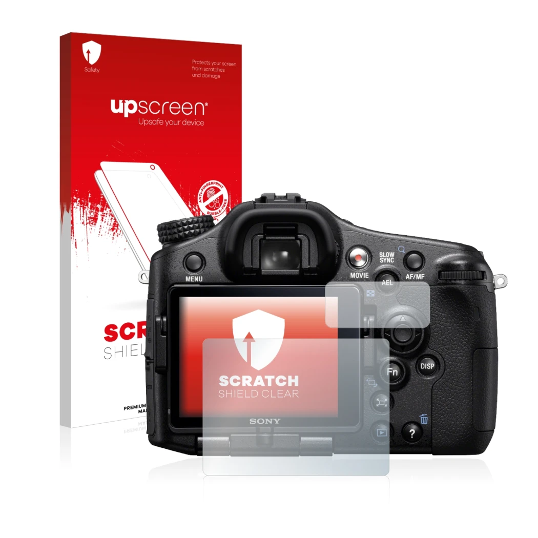 Parte frontale di una confezione del prodotto con il logo del marchio upscreen. Accanto è raffigurato il dispositivo Sony Alph