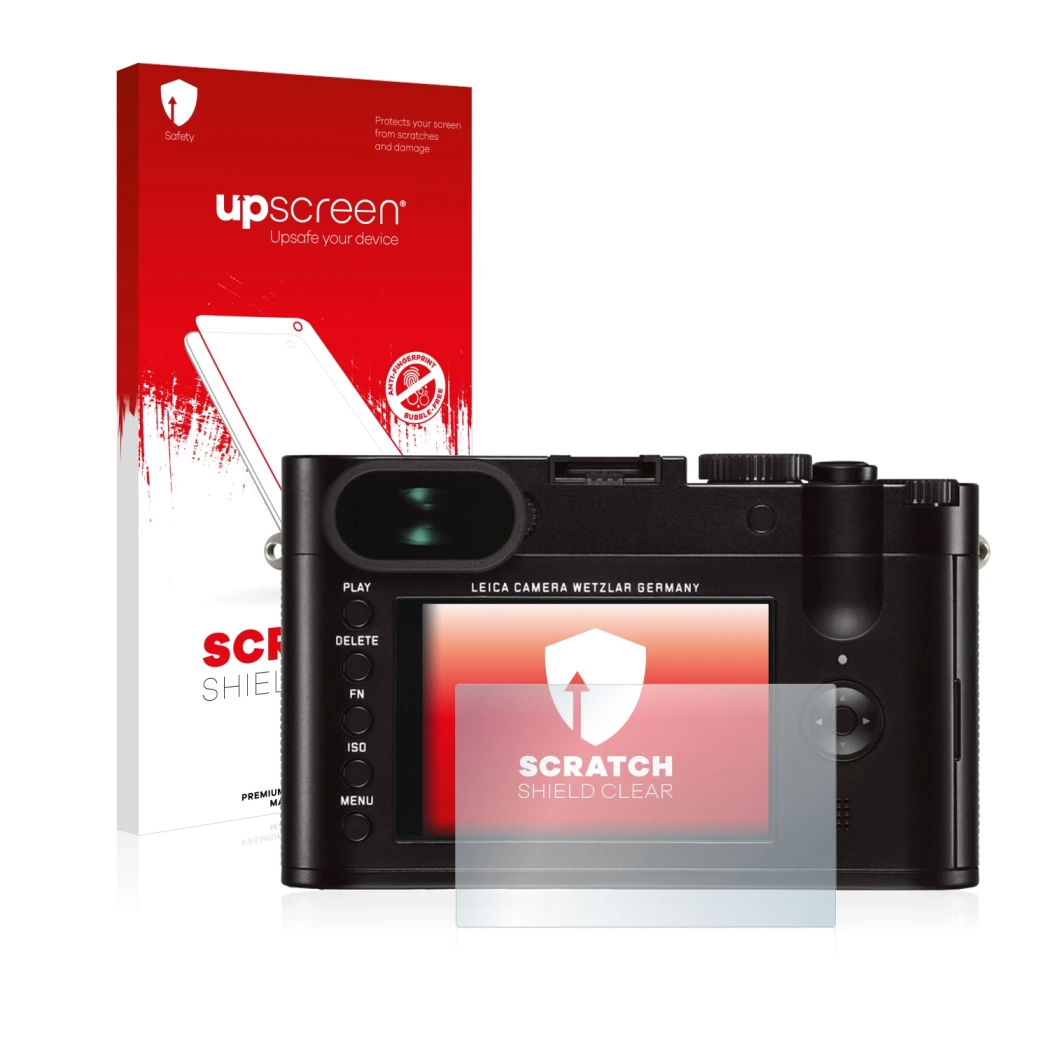 Parte frontale di una confezione del prodotto con il logo del marchio upscreen. Accanto è raffigurato il dispositivo Leica Q (