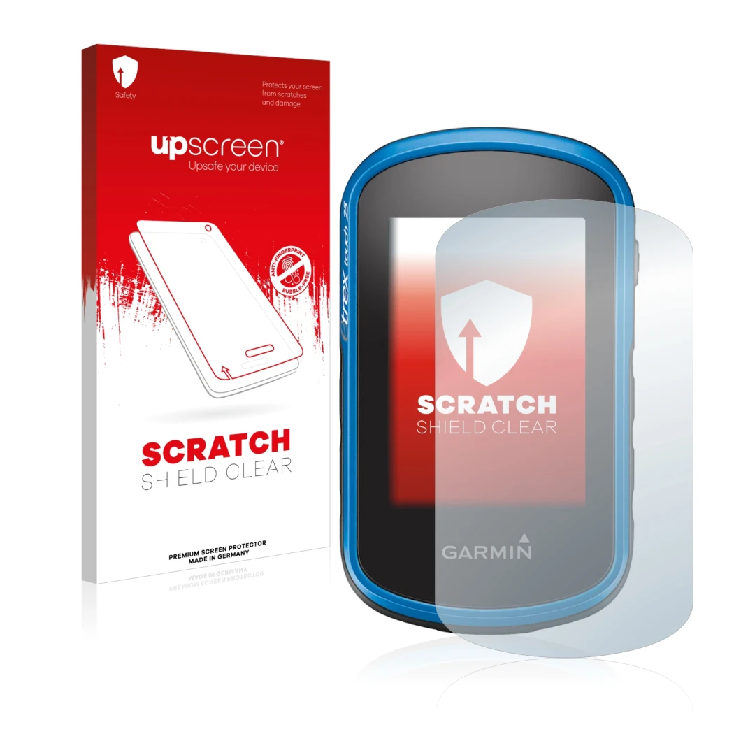 Parte frontale di una confezione del prodotto con il logo del marchio upscreen. Accanto è raffigurato il dispositivo Garmin eT