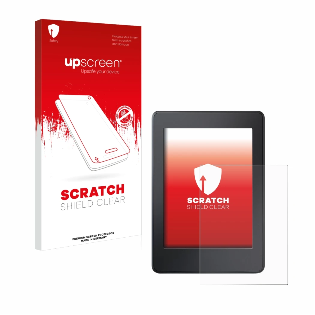 Parte frontale di una confezione del prodotto con il logo del marchio upscreen. Accanto è raffigurato il dispositivo Amazon Ki