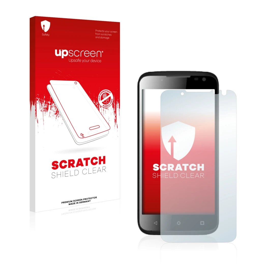 Parte frontale di una confezione del prodotto con il logo del marchio upscreen. Accanto è raffigurato il dispositivo Yezz Andy