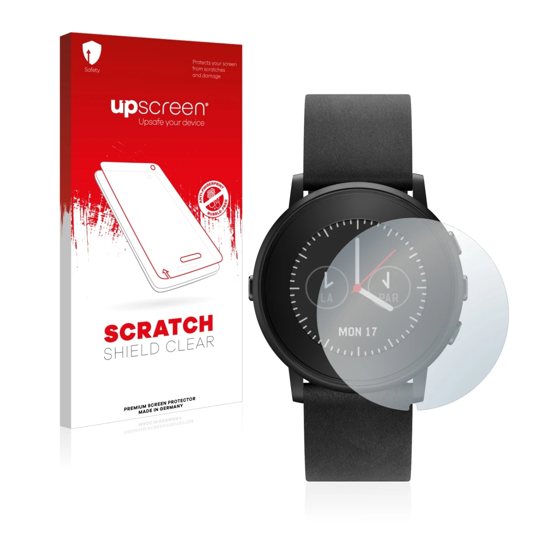 Parte frontale di una confezione del prodotto con il logo del marchio upscreen. Accanto è raffigurato il dispositivo Pebble Ti