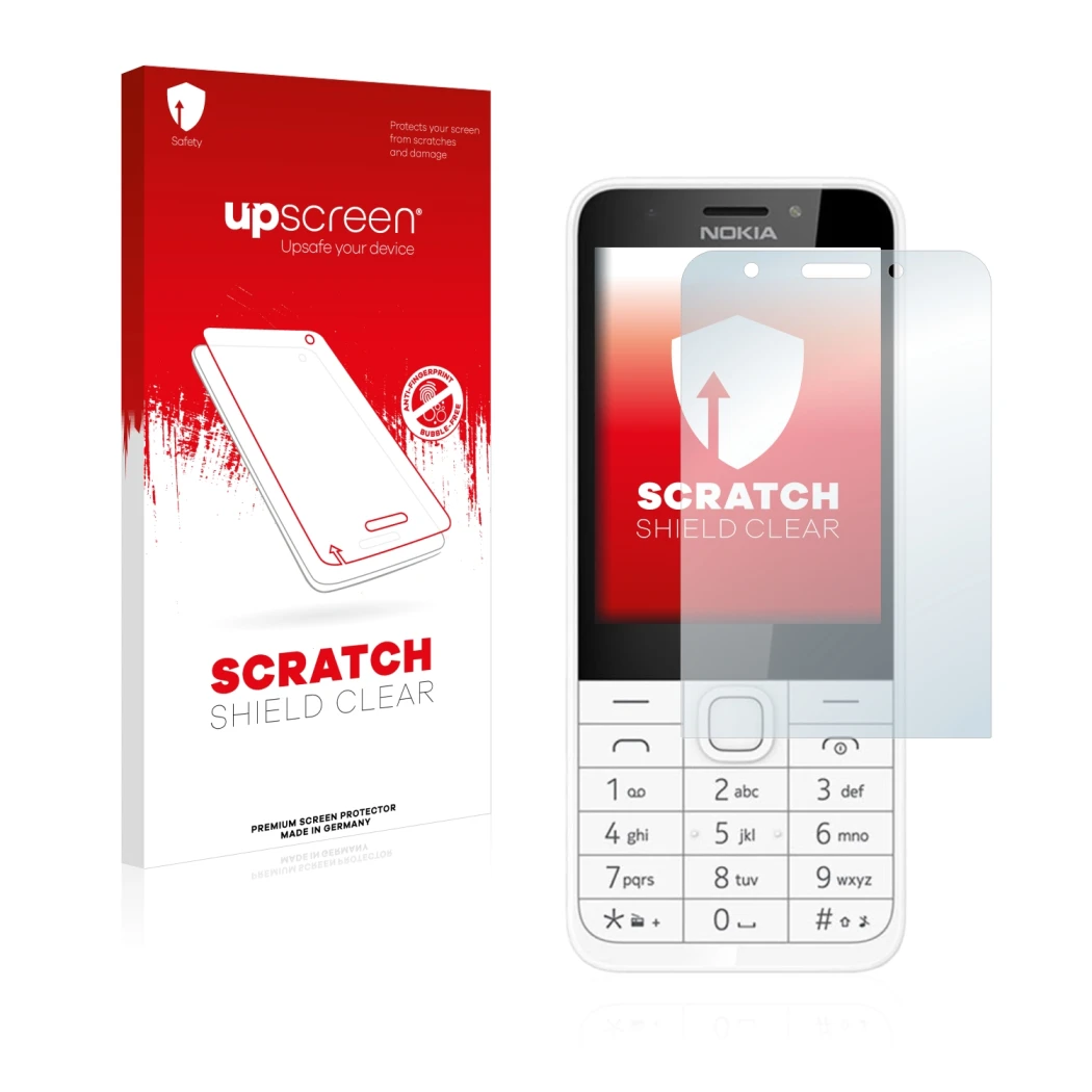 Parte frontale di una confezione del prodotto con il logo del marchio upscreen. Accanto è raffigurato il dispositivo Nokia 230