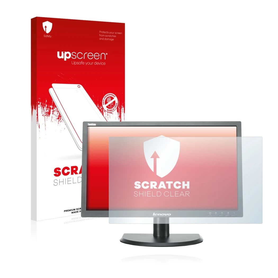 Parte frontale di una confezione del prodotto con il logo del marchio upscreen. Accanto è raffigurato il dispositivo Lenovo LT