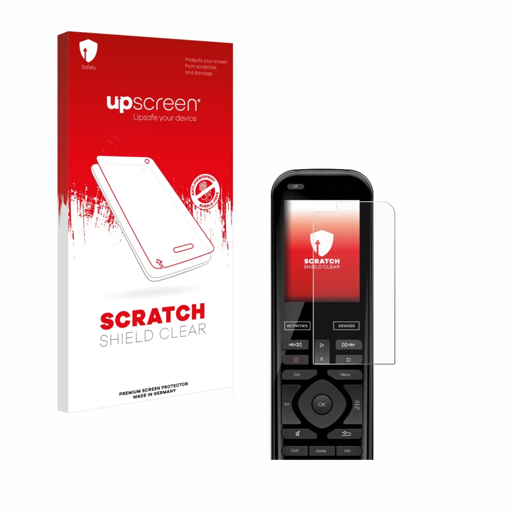 Parte frontale di una confezione del prodotto con il logo del marchio upscreen. Accanto è raffigurato il dispositivo Logitech