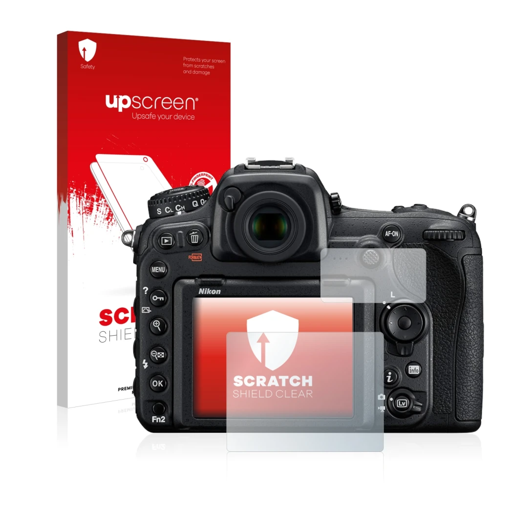 Parte frontale di una confezione del prodotto con il logo del marchio upscreen. Accanto è raffigurato il dispositivo Nikon D50