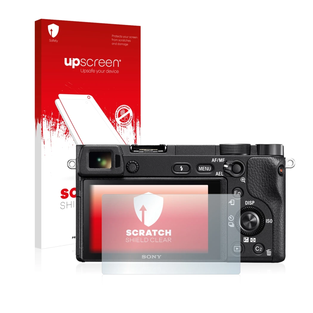 Parte frontale di una confezione del prodotto con il logo del marchio upscreen. Accanto è raffigurato il dispositivo Sony Alph