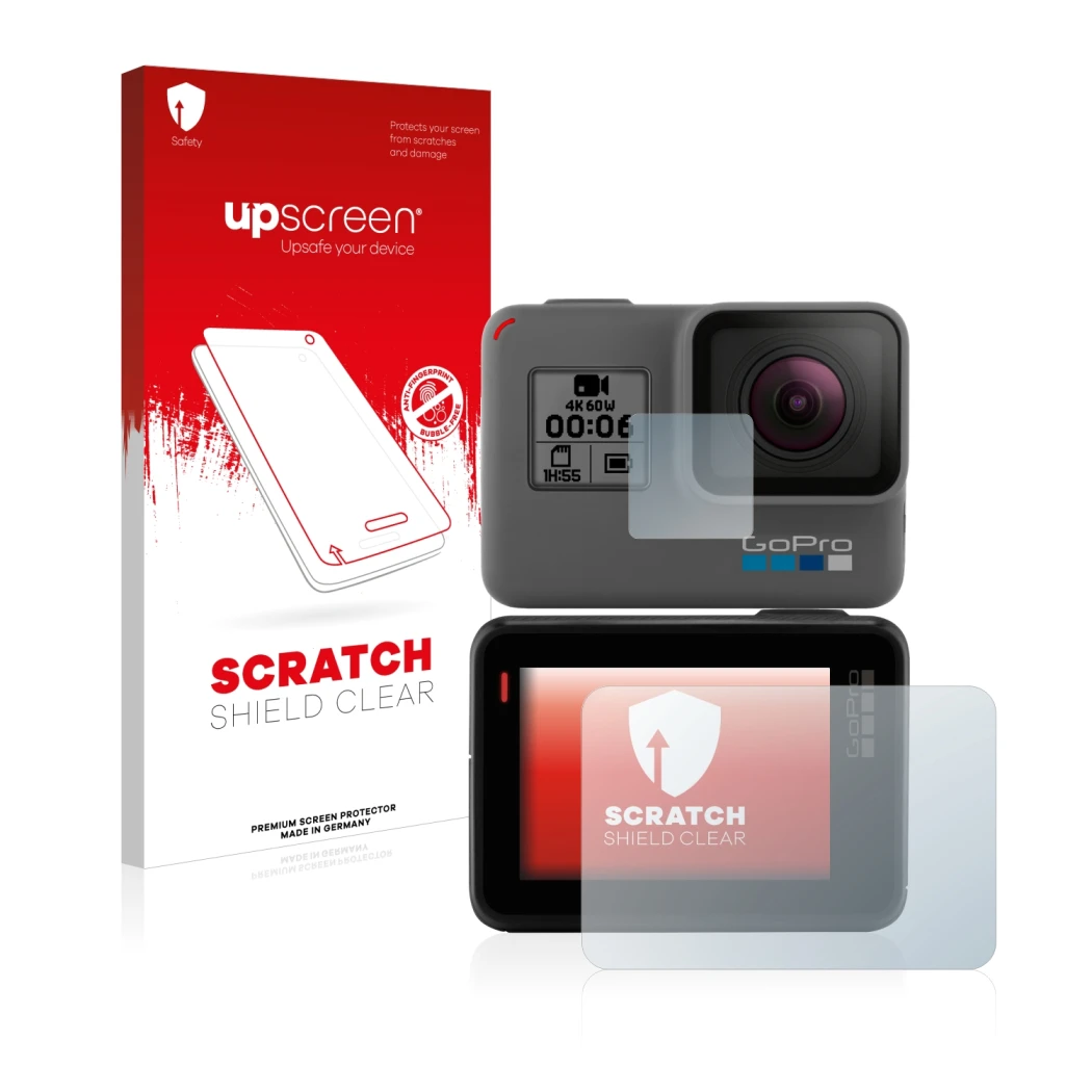 Parte frontale di una confezione del prodotto con il logo del marchio upscreen. Accanto è raffigurato il dispositivo GoPro Her