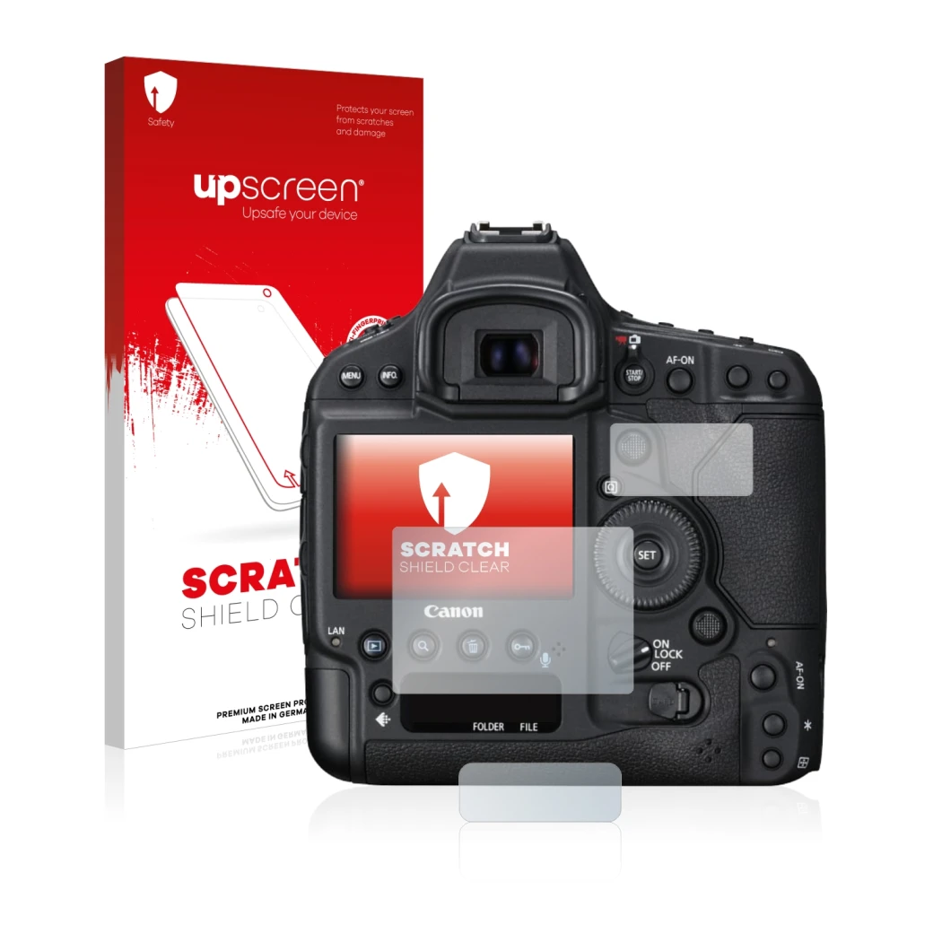 Parte frontale di una confezione del prodotto con il logo del marchio upscreen. Accanto è raffigurato il dispositivo Canon EOS