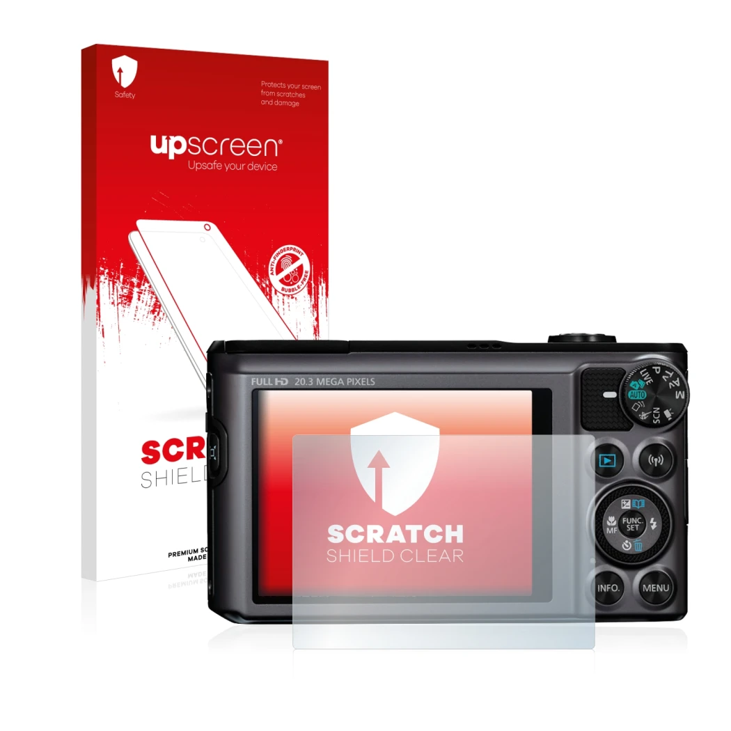 Parte frontale di una confezione del prodotto con il logo del marchio upscreen. Accanto è raffigurato il dispositivo Canon Pow