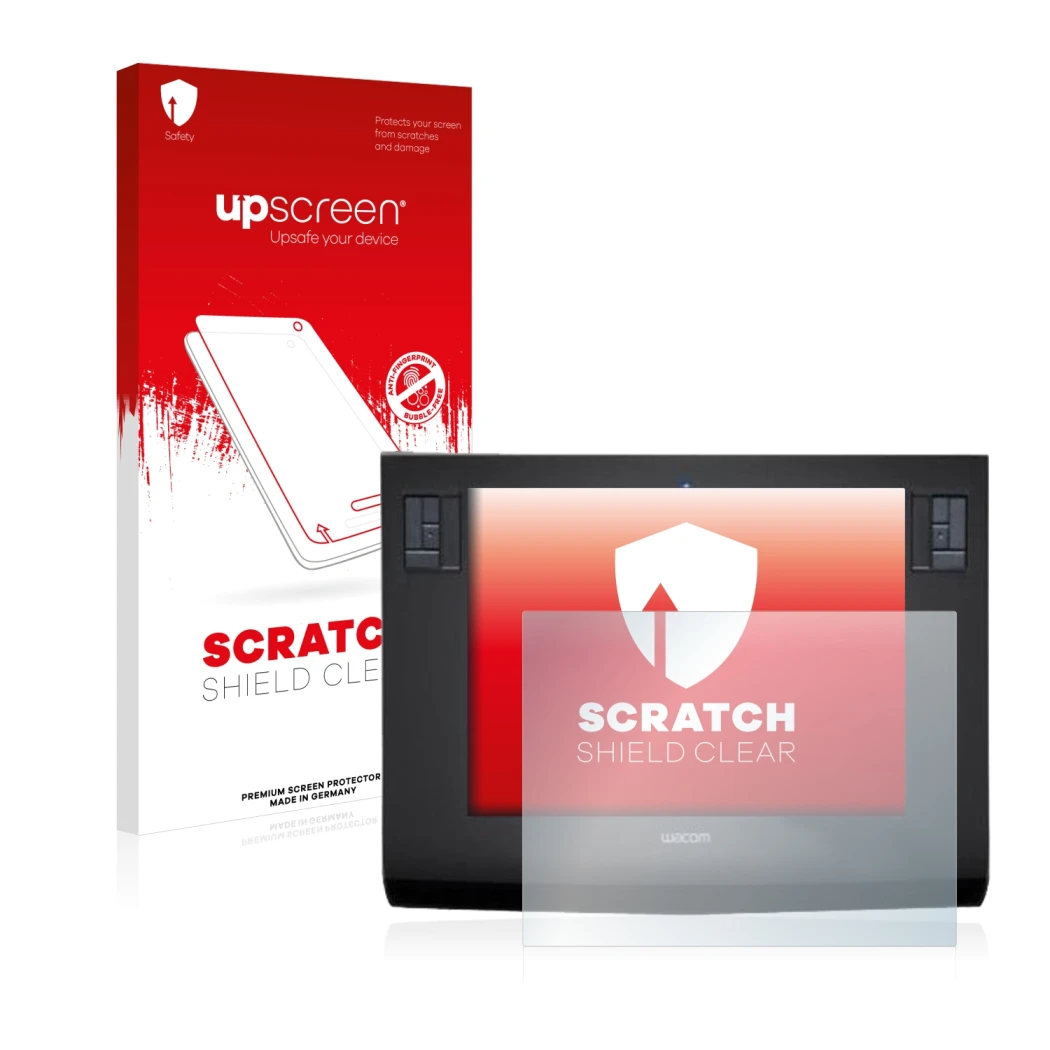 Parte frontale di una confezione del prodotto con il logo del marchio upscreen. Accanto è raffigurato il dispositivo Wacom Int