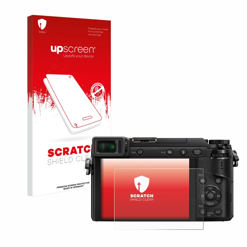 Parte frontale di una confezione del prodotto con il logo del marchio upscreen. Accanto è raffigurato il dispositivo Panasonic