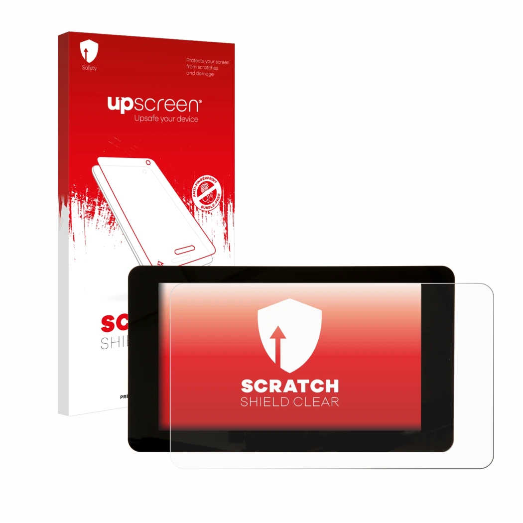 Parte frontale di una confezione del prodotto con il logo del marchio upscreen. Accanto è raffigurato il dispositivo Raspberry