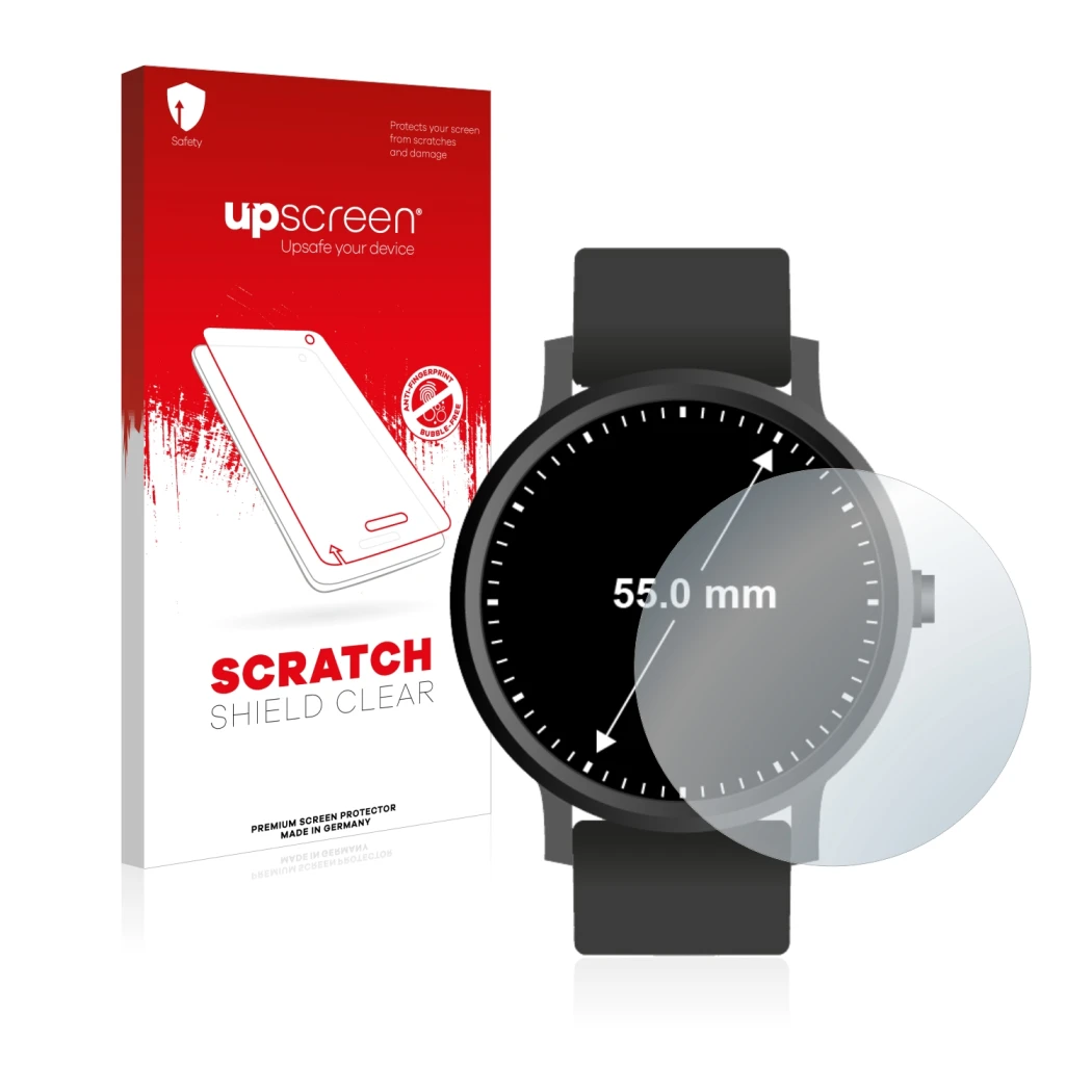 Parte frontale di una confezione del prodotto con il logo del marchio upscreen. Accanto è raffigurato il dispositivo Orologi (