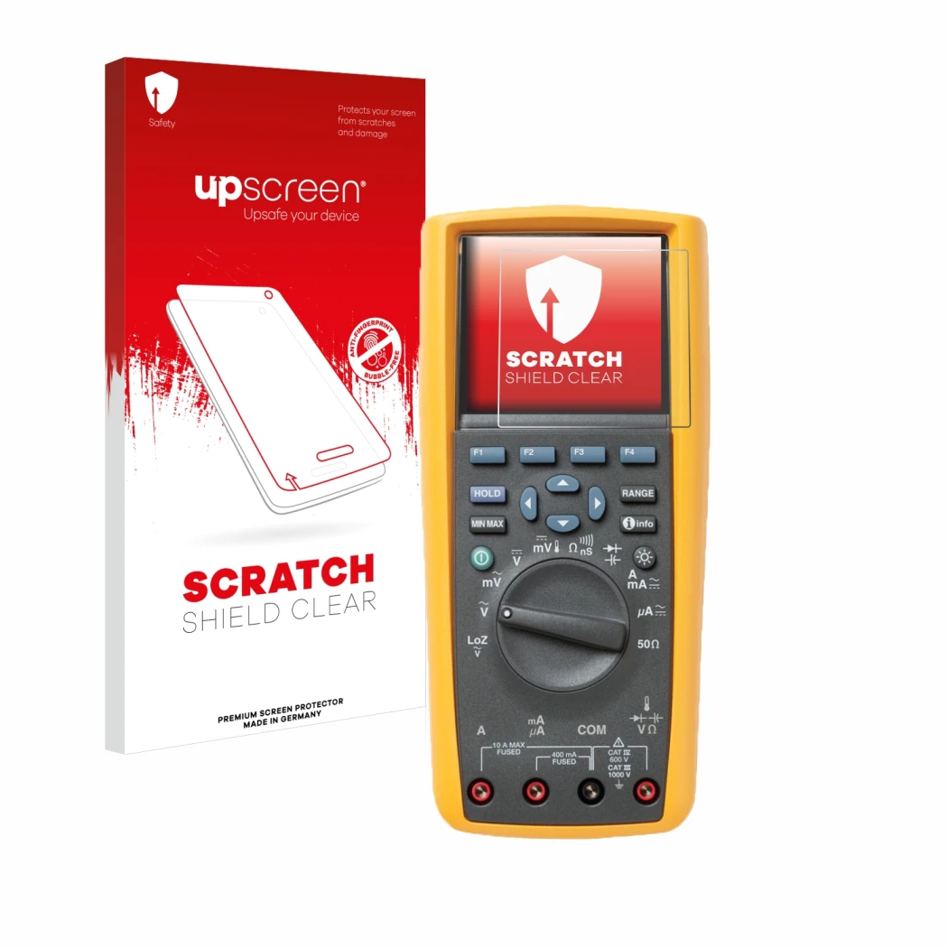 Parte frontale di una confezione del prodotto con il logo del marchio upscreen. Accanto è raffigurato il dispositivo Fluke Mul