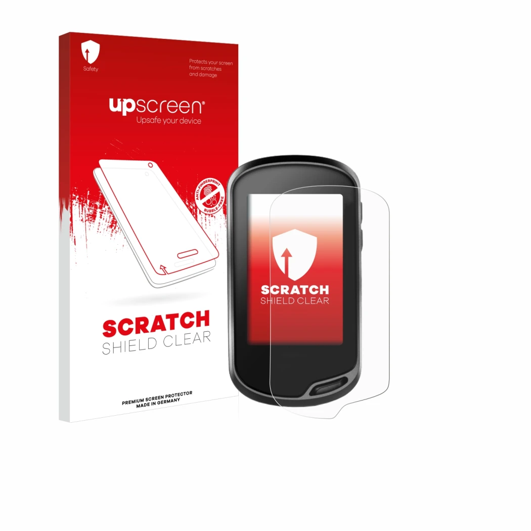 Parte frontale di una confezione del prodotto con il logo del marchio upscreen. Accanto è raffigurato il dispositivo Garmin Or