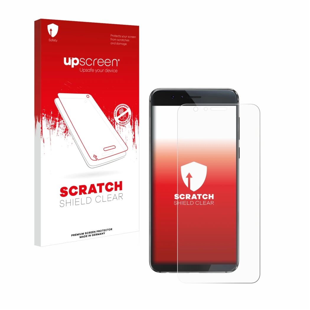 Parte frontale di una confezione del prodotto con il logo del marchio upscreen. Accanto è raffigurato il dispositivo Honor 8 c