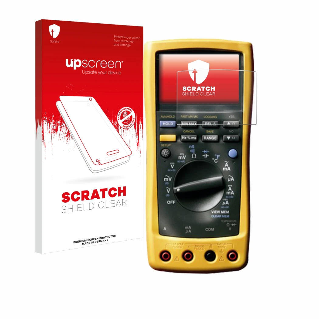 Parte frontale di una confezione del prodotto con il logo del marchio upscreen. Accanto è raffigurato il dispositivo Fluke Mul