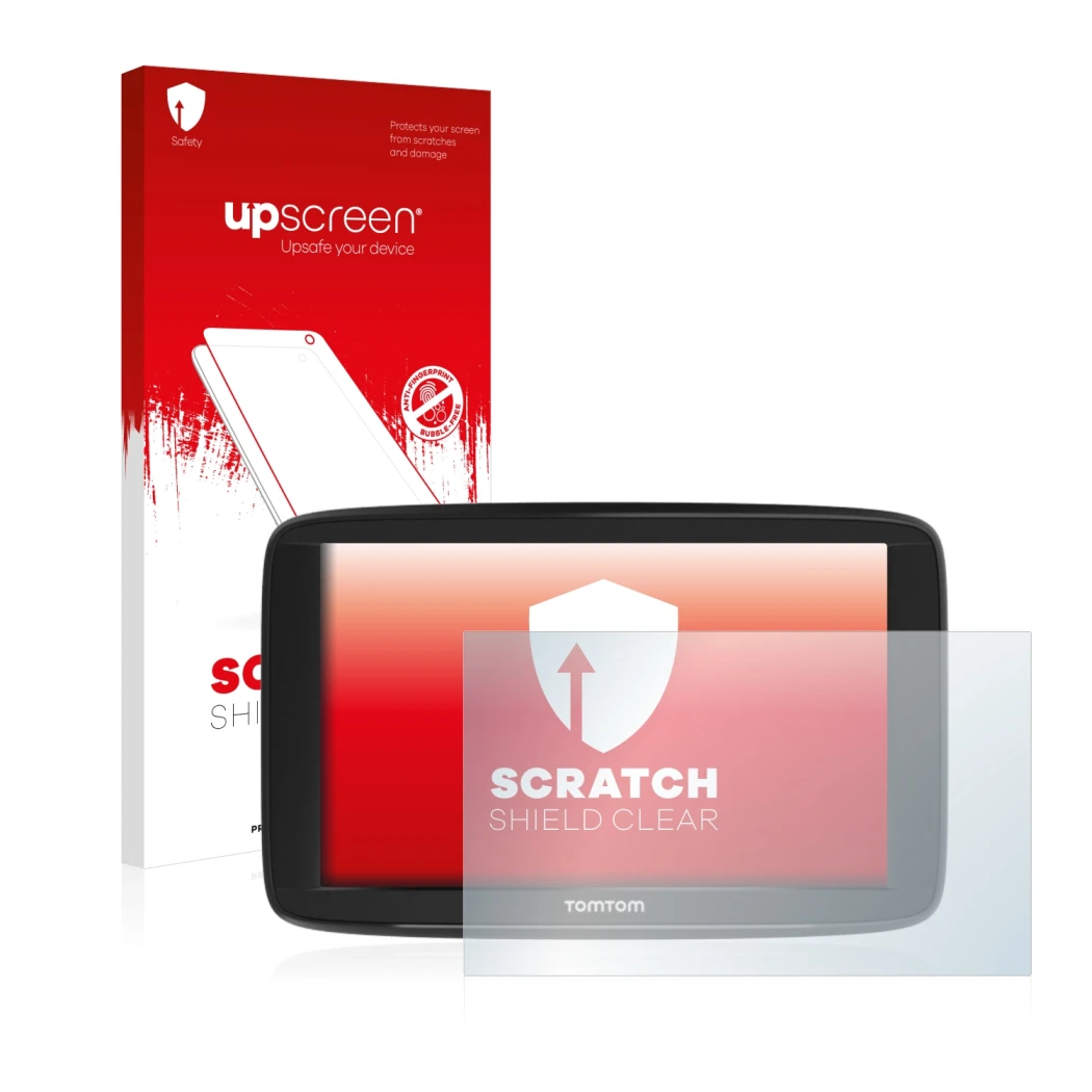 Parte frontale di una confezione del prodotto con il logo del marchio upscreen. Accanto è raffigurato il dispositivo TomTom St