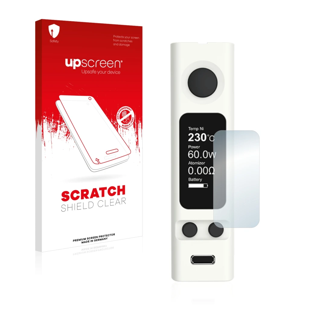 Parte frontale di una confezione del prodotto con il logo del marchio upscreen. Accanto è raffigurato il dispositivo Joyetech
