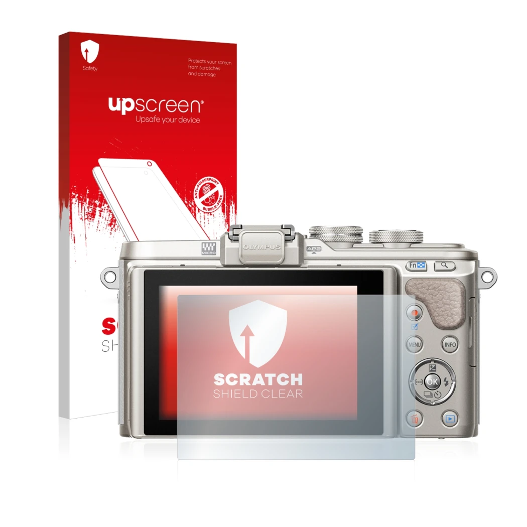 Parte frontale di una confezione del prodotto con il logo del marchio upscreen. Accanto è raffigurato il dispositivo Olympus P