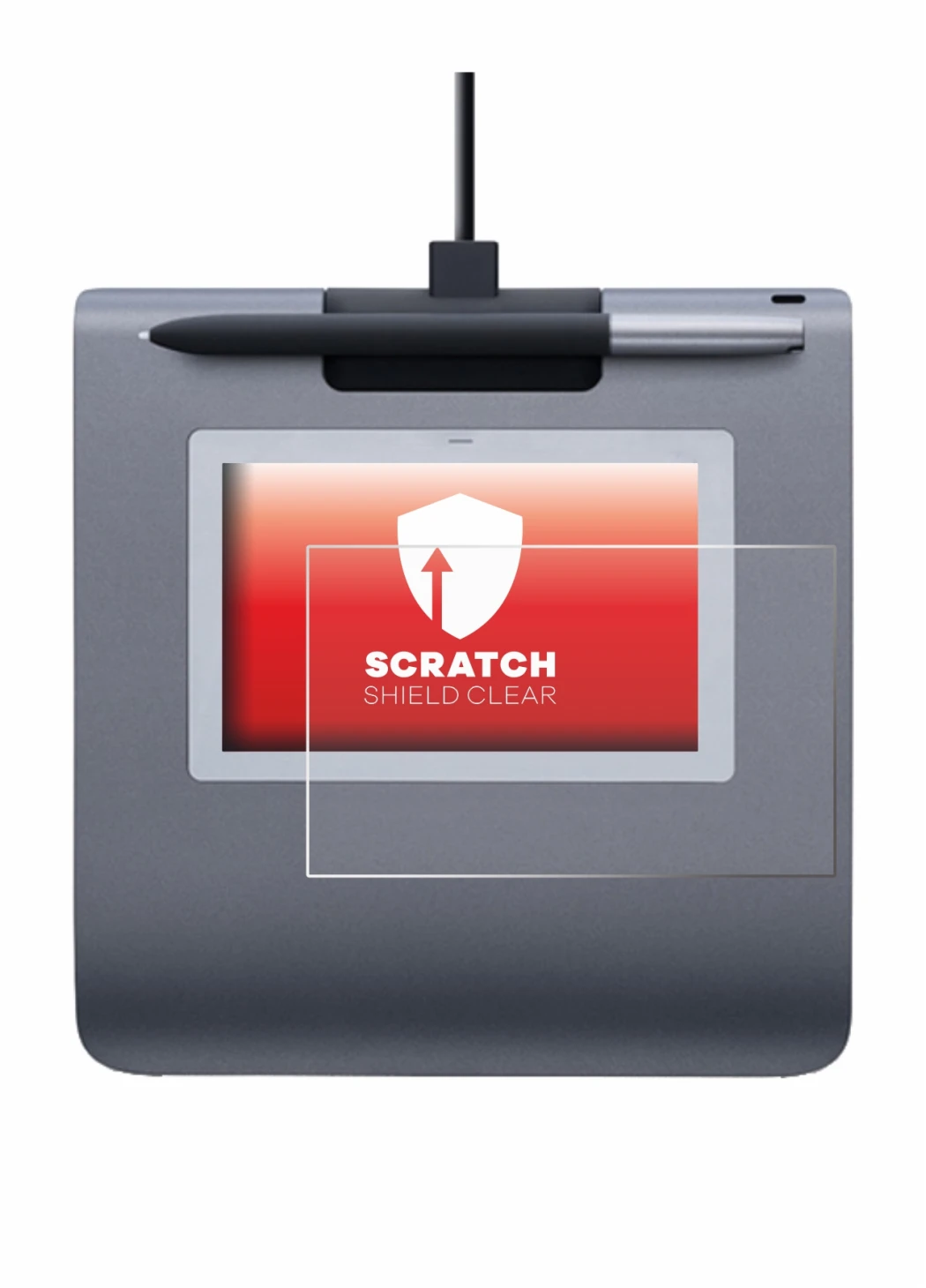 Immagine del dispositivo Wacom STU-430 con un'ampia varietà di protezioni per lo schermo.