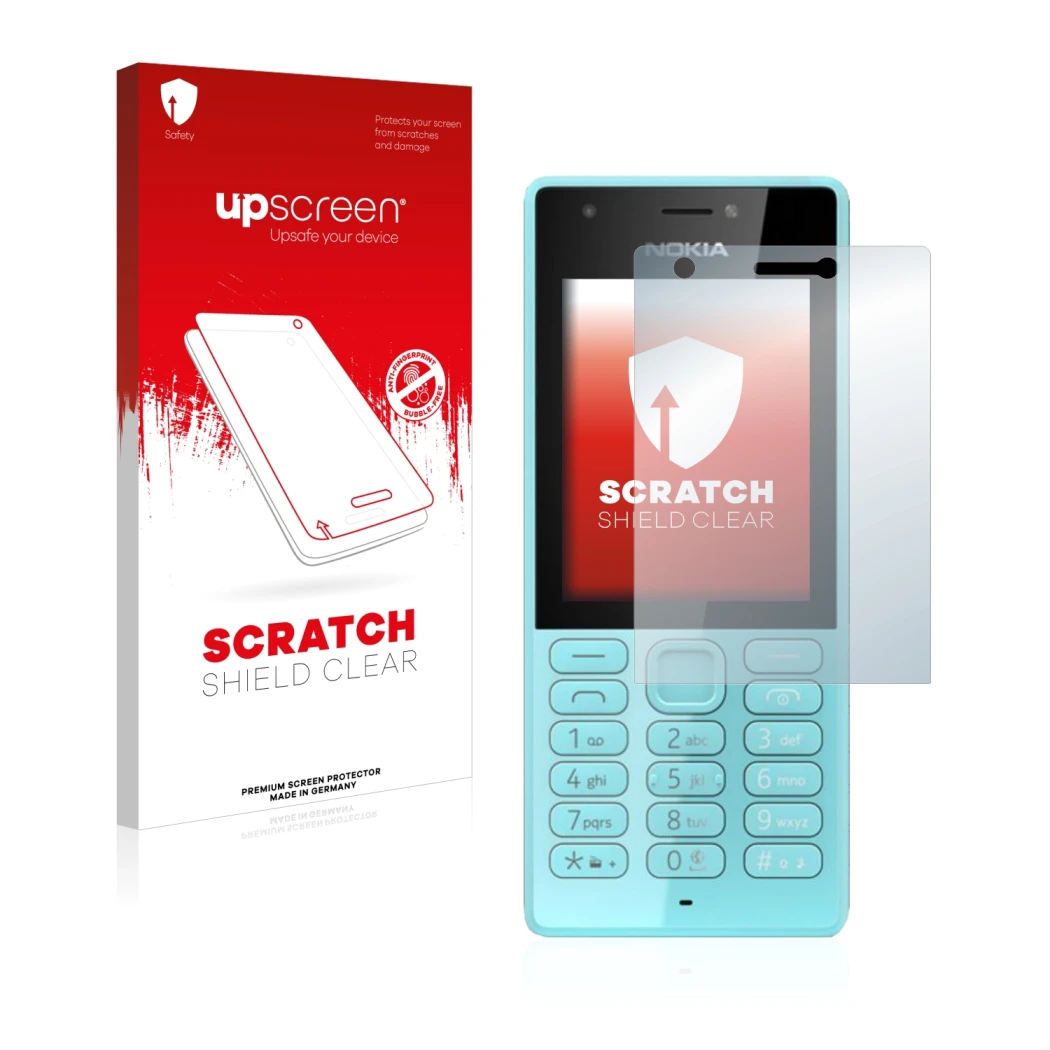Parte frontale di una confezione del prodotto con il logo del marchio upscreen. Accanto è raffigurato il dispositivo Nokia 216