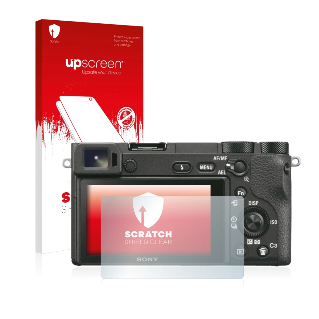 Parte frontale di una confezione del prodotto con il logo del marchio upscreen. Accanto è raffigurato il dispositivo Sony Alph