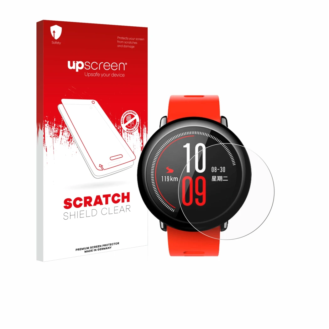 Parte frontale di una confezione del prodotto con il logo del marchio upscreen. Accanto è raffigurato il dispositivo Huami Ama