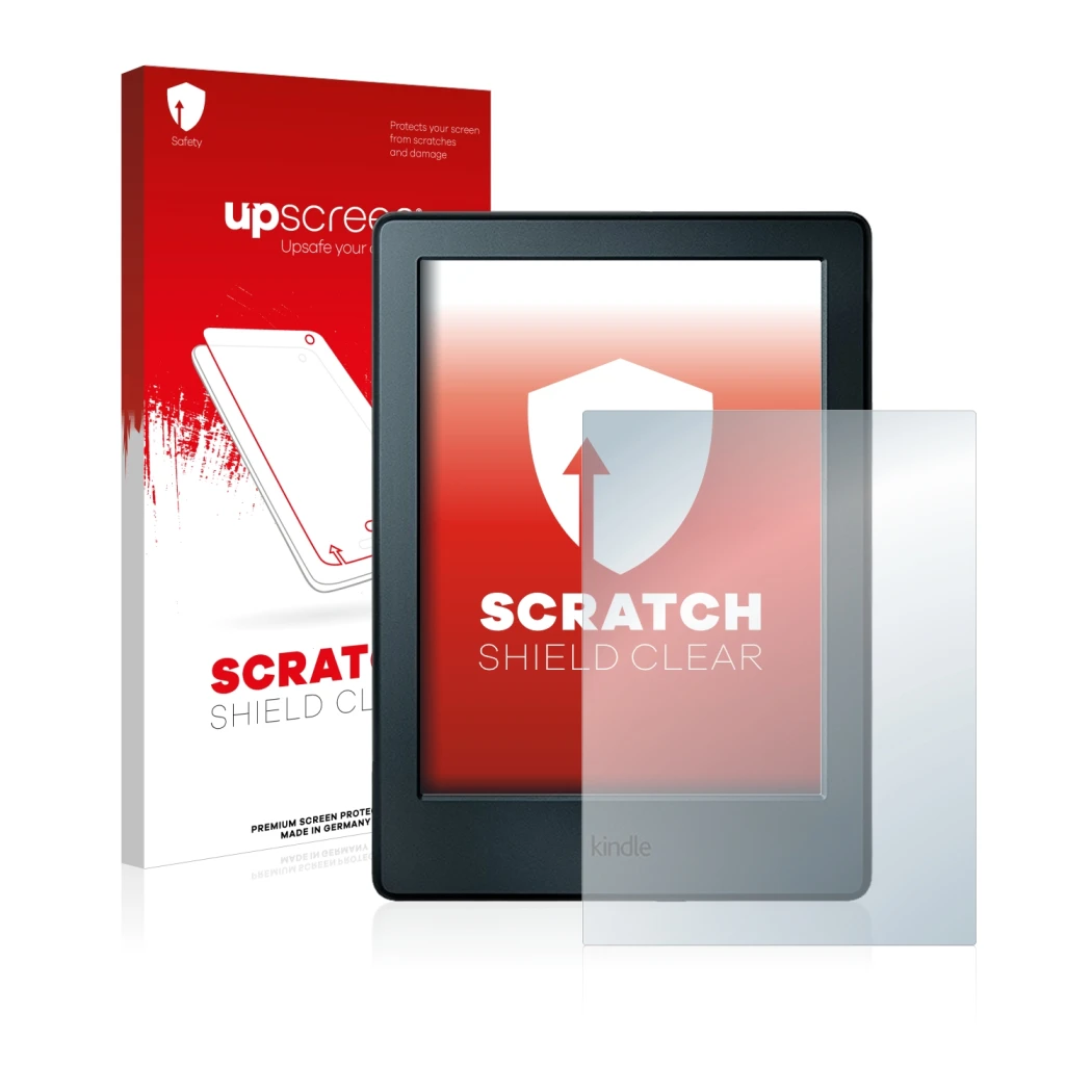 Parte frontale di una confezione del prodotto con il logo del marchio upscreen. Accanto è raffigurato il dispositivo Amazon Ki