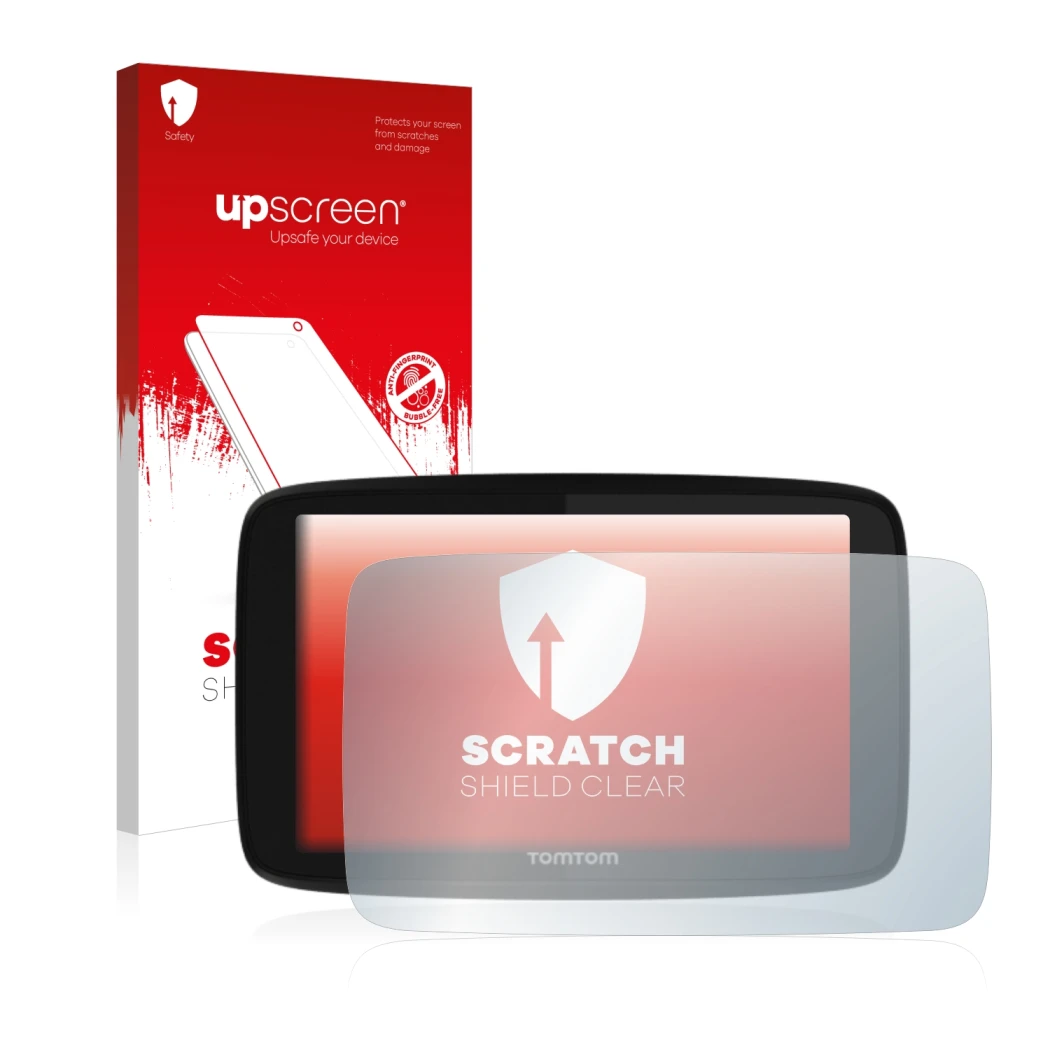 Parte frontale di una confezione del prodotto con il logo del marchio upscreen. Accanto è raffigurato il dispositivo TomTom GO