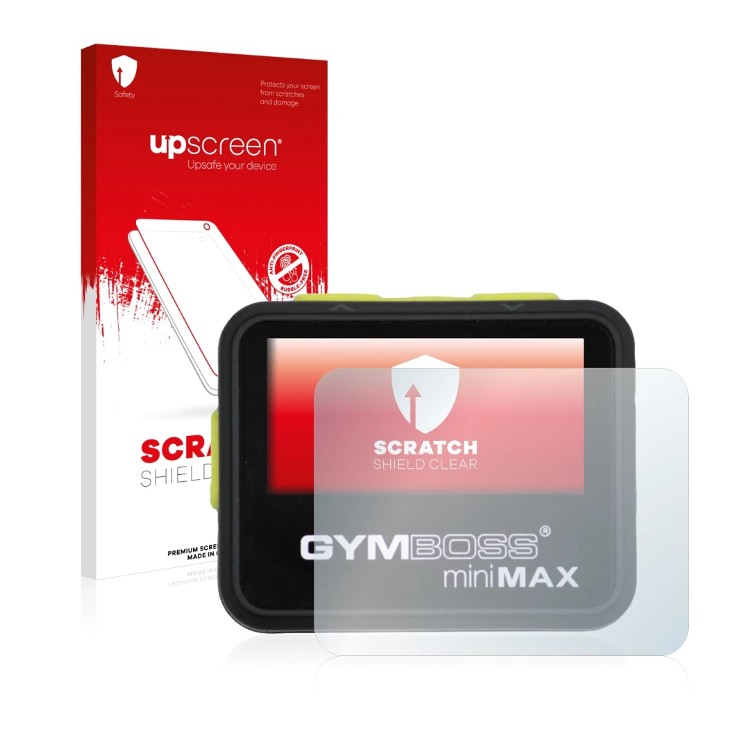 Parte frontale di una confezione del prodotto con il logo del marchio upscreen. Accanto è raffigurato il dispositivo Gymboss M
