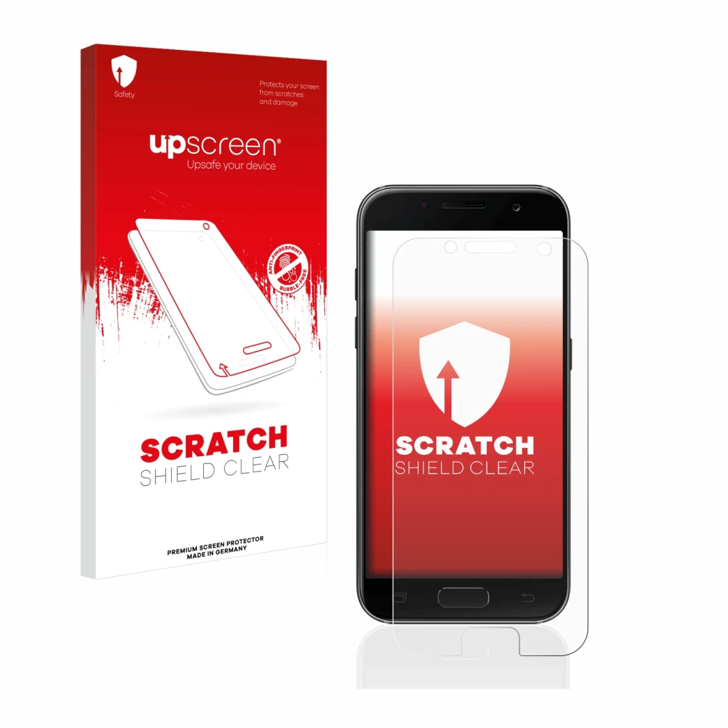 Parte frontale di una confezione del prodotto con il logo del marchio upscreen. Accanto è raffigurato il dispositivo Samsung G